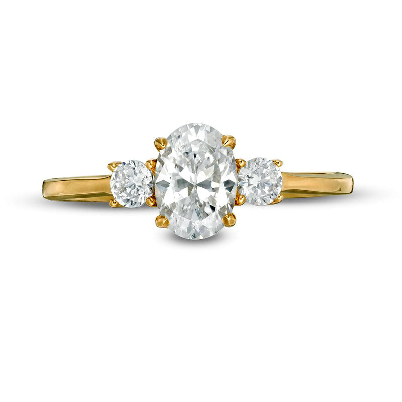 1.0 CT. T.W. Oval and Round Natural Diamond Three Stone Engagement Ring in Solid 14K Gold