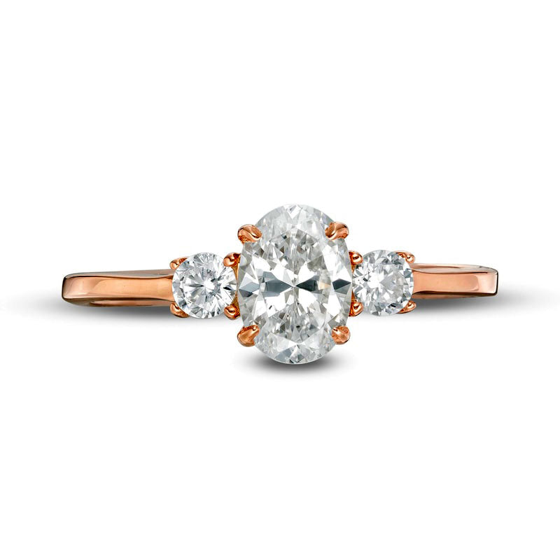 1.0 CT. T.W. Oval and Round Natural Diamond Three Stone Engagement Ring in Solid 14K Rose Gold