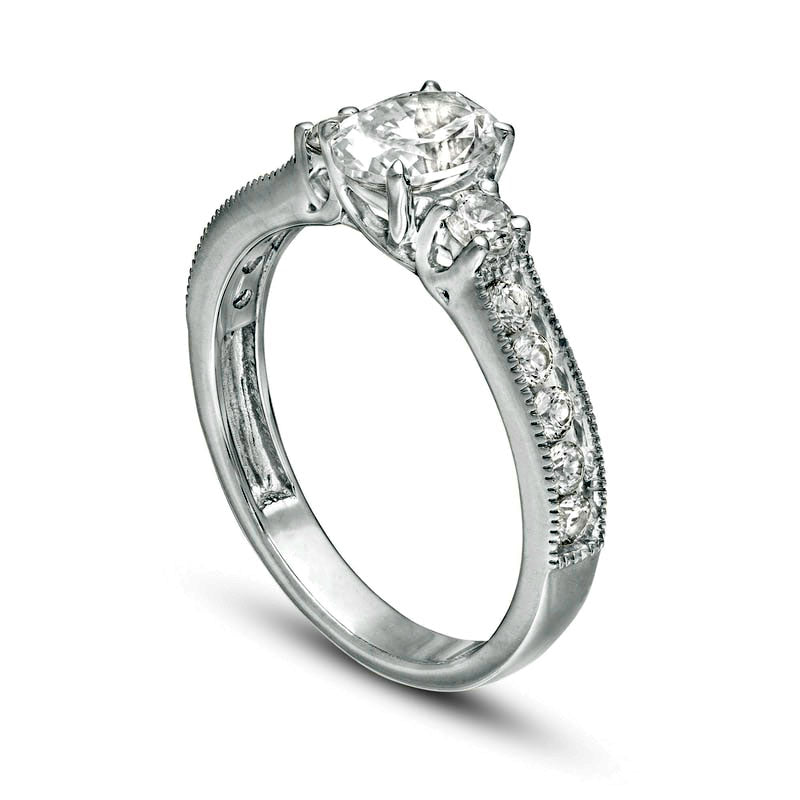 1.17 CT. T.W. Oval and Round Natural Diamond Three Stone Engagement Ring in Solid 14K White Gold