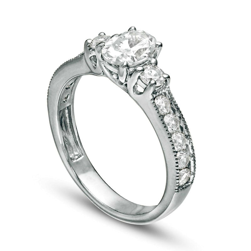 1.33 CT. T.W. Oval Natural Diamond Three Stone Antique Vintage-Style Engagement Ring in Solid 14K White Gold