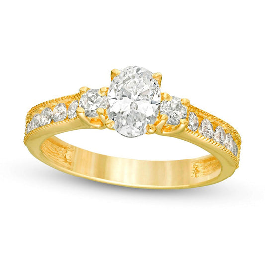 1.17 CT. T.W. Oval and Round Natural Diamond Three Stone Engagement Ring in Solid 14K Gold