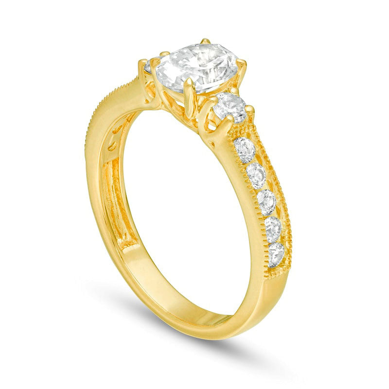 1.17 CT. T.W. Oval and Round Natural Diamond Three Stone Engagement Ring in Solid 14K Gold