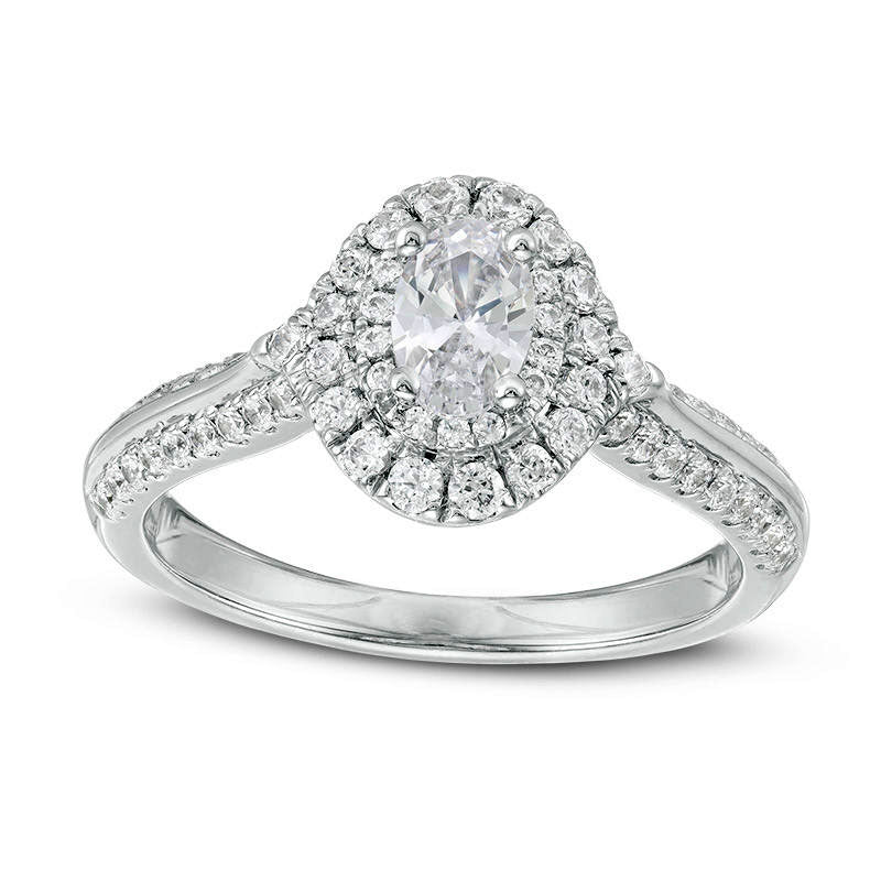 1.0 CT. T.W. Certified Oval Natural Diamond Double Frame Engagement Ring in Solid 14K White Gold (I/SI2)