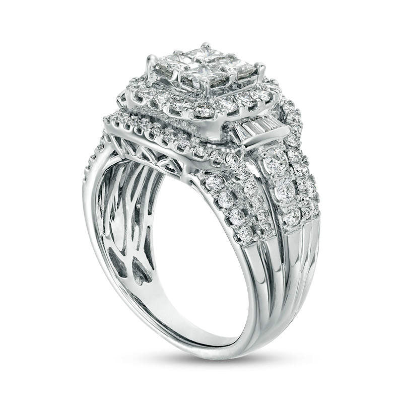 2.0 CT. T.W. Princess-Cut Quad Natural Diamond Double Frame with Collar Engagement Ring in Solid 14K White Gold