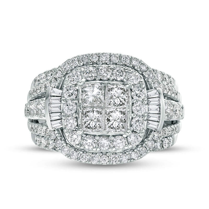 2.0 CT. T.W. Princess-Cut Quad Natural Diamond Double Frame with Collar Engagement Ring in Solid 14K White Gold