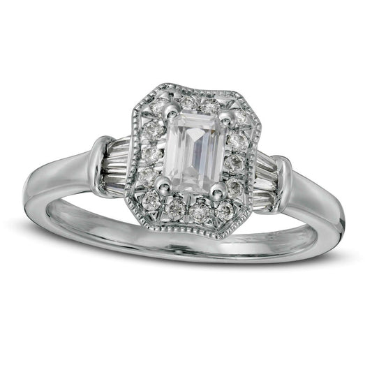 0.75 CT. T.W. Certified Emerald-Cut Natural Diamond Octagonal Frame Antique Vintage-Style Engagement Ring in Solid 14K White Gold (I/I1)