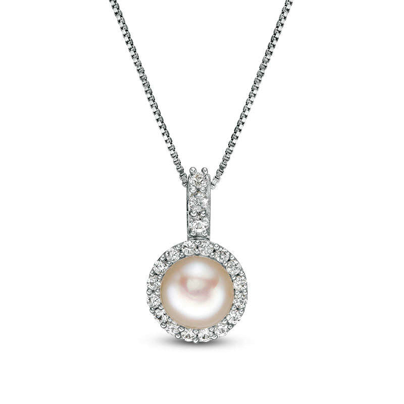 7.0mm Cultured Freshwater Pearl and Lab-Created White Sapphire Frame Drop Pendant in Sterling Silver