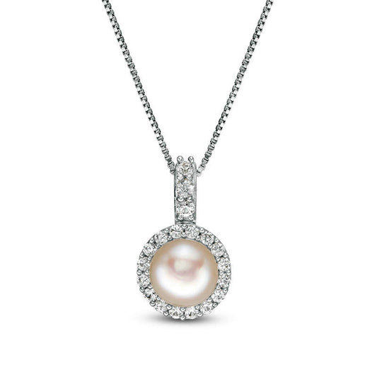 7.0mm Cultured Freshwater Pearl and Lab-Created White Sapphire Frame Drop Pendant in Sterling Silver