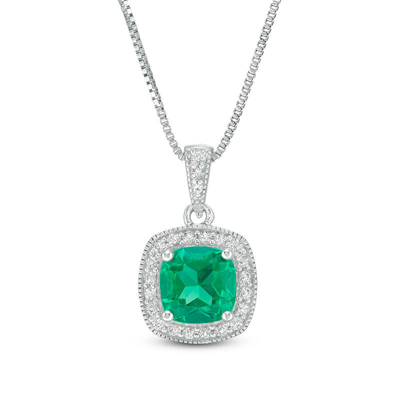 7.0mm Cushion-Cut Lab-Created Emerald and White Sapphire Frame Antique Vintage-Style Drop Pendant in Sterling Silver