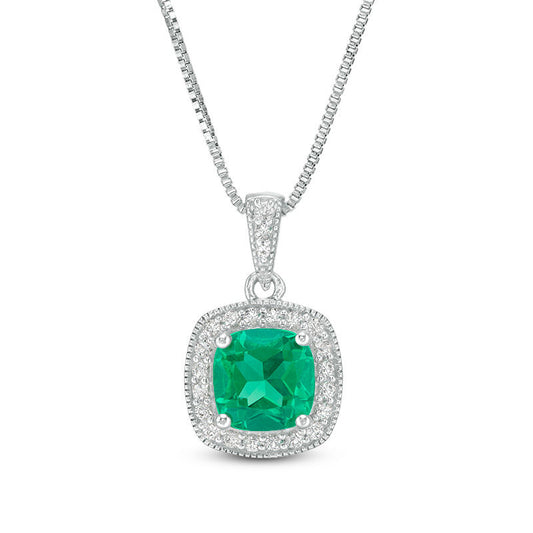 7.0mm Cushion-Cut Lab-Created Emerald and White Sapphire Frame Antique Vintage-Style Drop Pendant in Sterling Silver