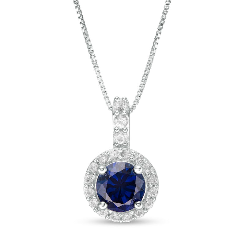 7.0mm Lab-Created Ceylon Blue and White Sapphire Frame Drop Pendant in Sterling Silver