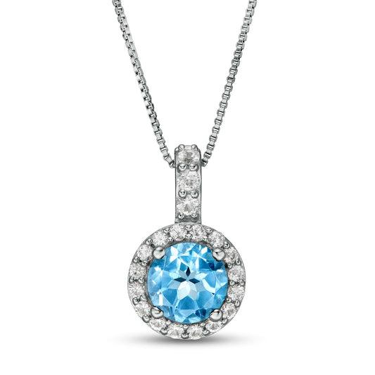 7.0mm Swiss Blue Topaz and Lab-Created White Sapphire Frame Drop Pendant in Sterling Silver