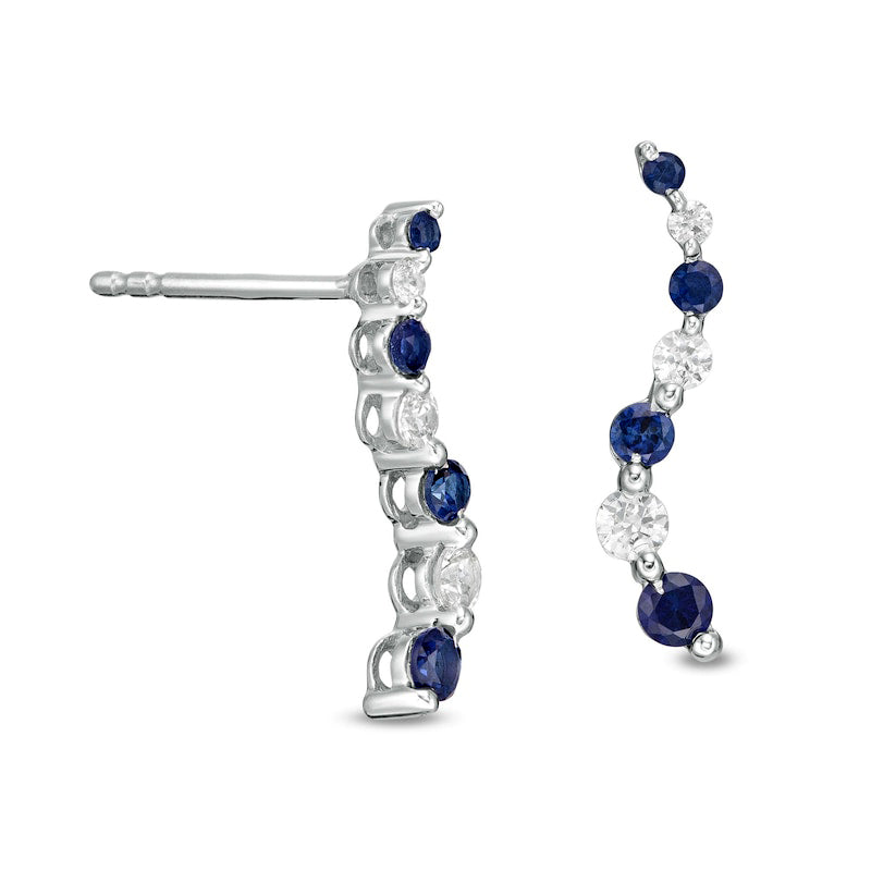 Journey Blue Sapphire and 0.2 CT. T.W. Diamond Alternating Drop Earrings in 14K White Gold