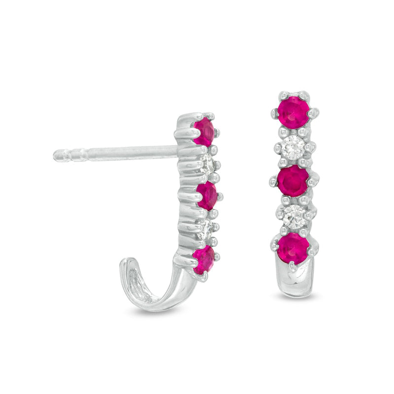 Ruby and 0.05 CT. T.W. Diamond Three Stone Alternating J-Hoop Earrings in 14K White Gold