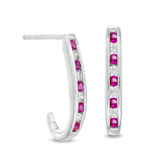 Ruby and 0.17 CT. T.W. Diamond Channel-Set Alternating J-Hoop Earrings in 14K White Gold