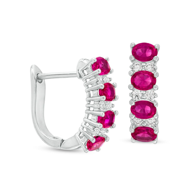 Sideways Oval Ruby and 0.25 CT. T.W. Diamond Duo Alternating Four Stone Hoop Earrings in 14K White Gold