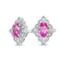 Oval Lab-Created Pink and White Sapphire Scallop Frame Vintage-Style Stud Earrings in Sterling Silver