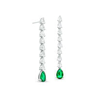 Pear-Shaped Lab-Created Emerald and White Sapphire Line Drop Earrings in Sterling Silver