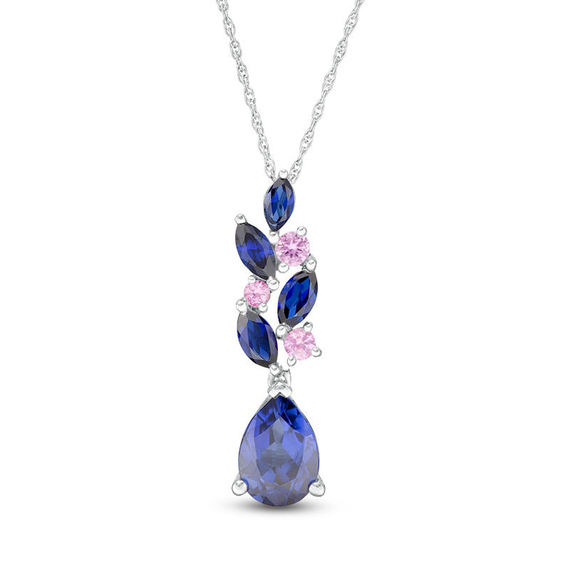 Multi-Shape Lab-Created Blue and Pink Sapphire Floral Cluster Drop Pendant in Sterling Silver