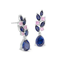 Multi-Shape Lab-Created Blue and Pink Sapphire Floral Cluster Drop Earrings in Sterling Silver