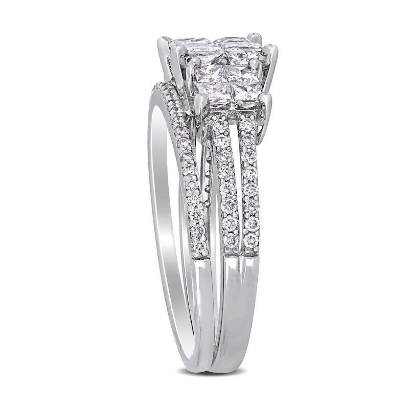 1.33 CT. T.W. Princess-Cut Quad Natural Diamond Three Stone Double Row Bridal Engagement Ring Set in Solid 14K White Gold