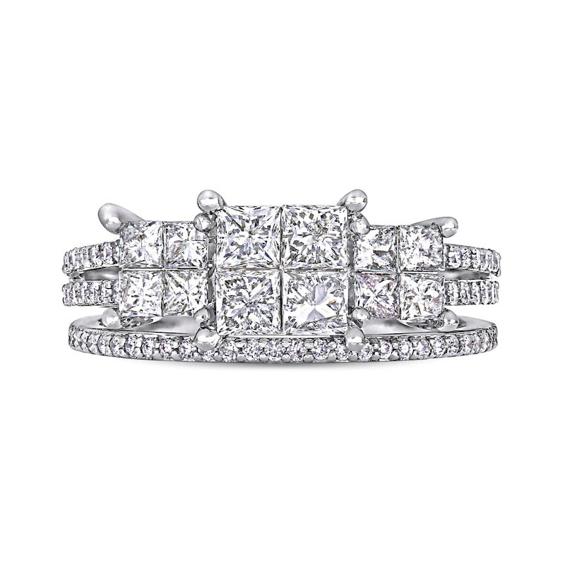 1.33 CT. T.W. Princess-Cut Quad Natural Diamond Three Stone Double Row Bridal Engagement Ring Set in Solid 14K White Gold