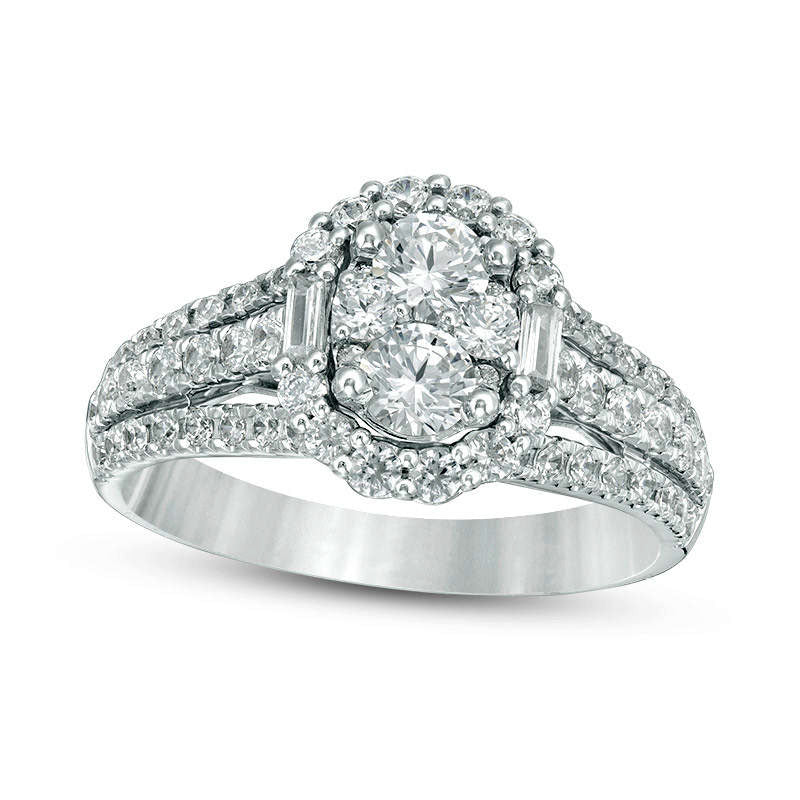 1.33 CT. T.W. Composite Natural Diamond Oval Frame Multi-Row Split Shank Engagement Ring in Solid 14K White Gold