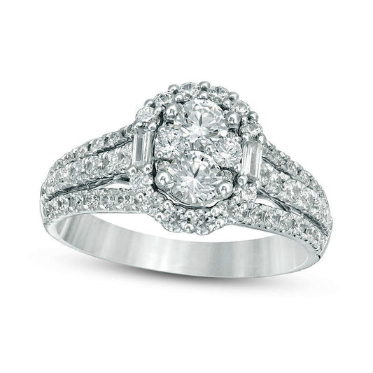 1.33 CT. T.W. Composite Natural Diamond Oval Frame Multi-Row Split Shank Engagement Ring in Solid 14K White Gold