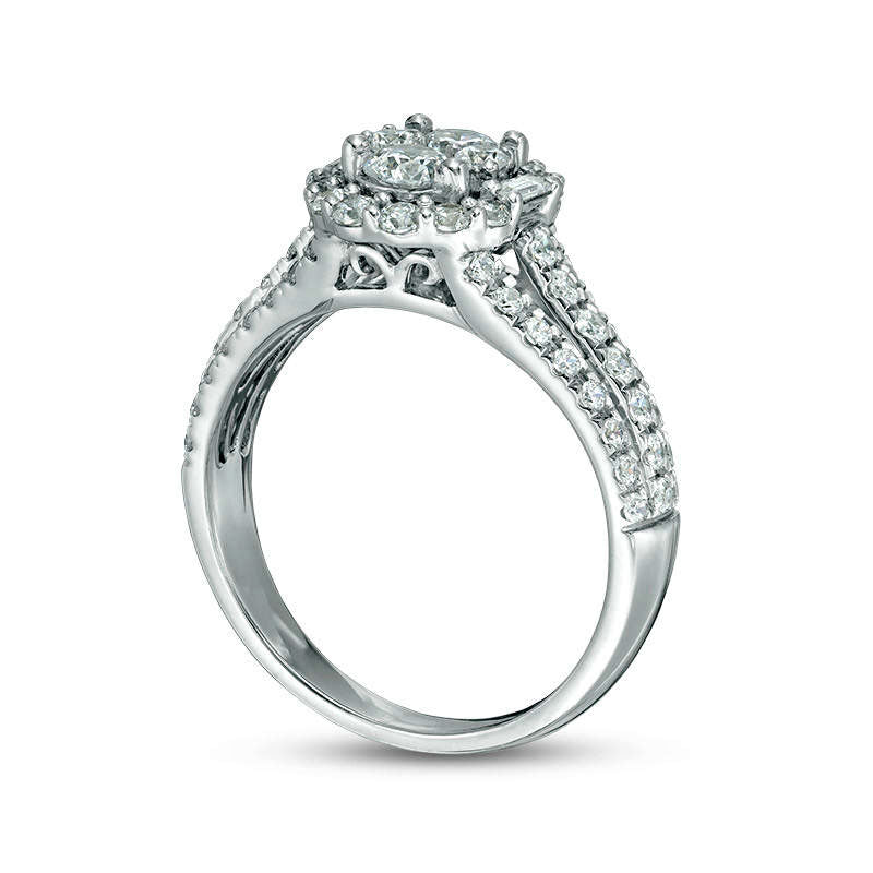 1.33 CT. T.W. Composite Natural Diamond Oval Frame Multi-Row Split Shank Engagement Ring in Solid 14K White Gold