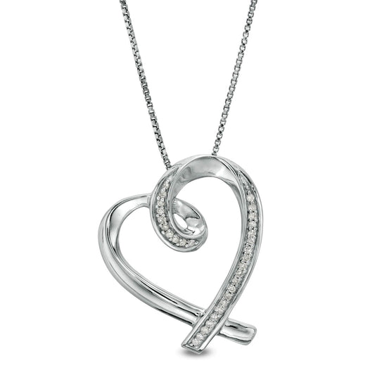 0.1 CT. T.W. Natural Diamond Tilted Ribbon Heart Pendant in Sterling Silver