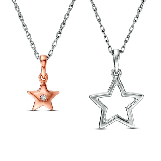 Natural Diamond Accent Star and Star Outline Pendant Set in Sterling Silver and 10K Rose Gold