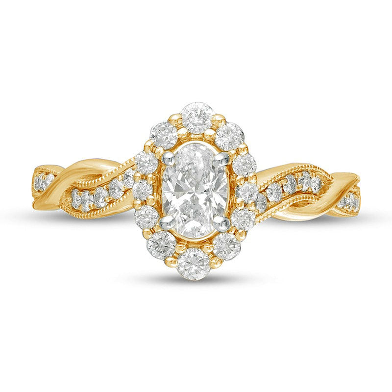 0.75 CT. T.W. Oval Natural Diamond Frame Twist Shank Antique Vintage-Style Engagement Ring in Solid 10K Yellow Gold