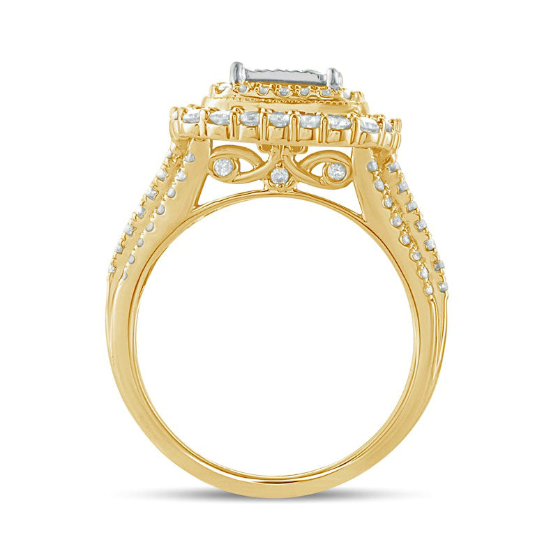 1.0 CT. T.W. Princess-Cut Quad Natural Diamond Double Square Frame Antique Vintage-Style Engagement Ring in Solid 10K Yellow Gold