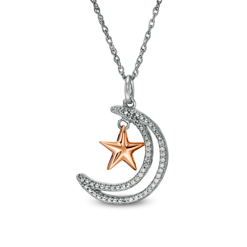 0.07 CT. T.W. Natural Diamond Crescent Moon Outline with Star Pendant in Sterling Silver and 10K Rose Gold