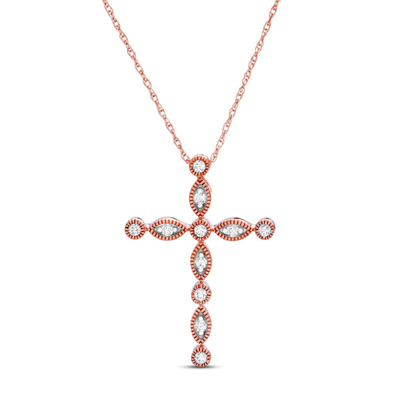 0.17 CT. T.W. Natural Diamond Alternating Marquise Antique Vintage-Style Cross Pendant in 10K Rose Gold