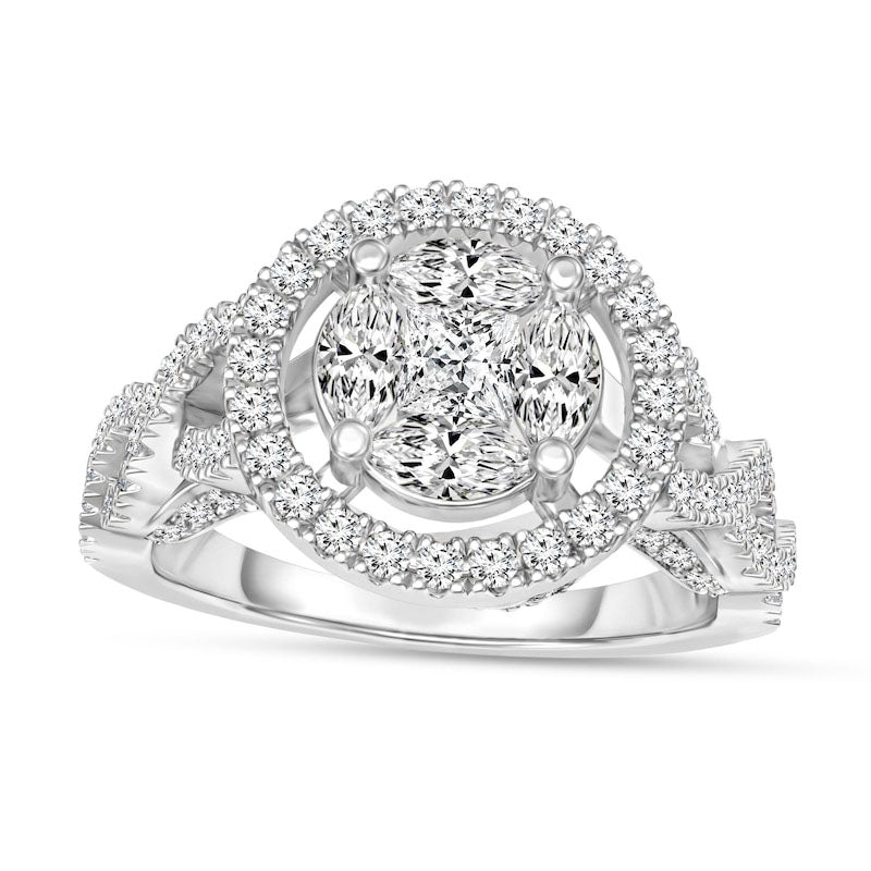 0.75 CT. T.W. Composite Natural Diamond Frame Twist Split Shank Engagement Ring in Solid 14K White Gold