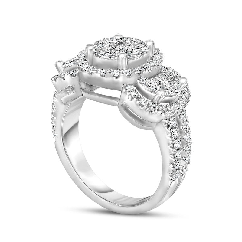 1.25 CT. T.W. Composite Natural Diamond Frame Three Stone Engagement Ring in Solid 14K White Gold