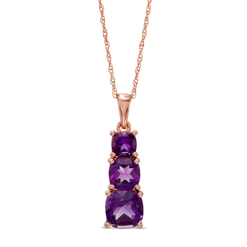 Cushion-Cut Amethyst Graduated Linear Three Stone Drop Pendant in 10K Rose Gold