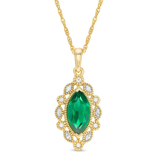 Marquise Lab-Created Emerald and White Sapphire Frame Antique Vintage-Style Drop Pendant in Sterling Sliver with 14K Gold Plate