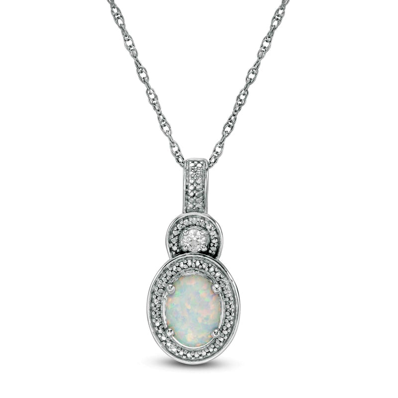 Oval Lab-Created Opal and White Sapphire Beaded Frame Buckle Drop Pendant in Sterling Silver