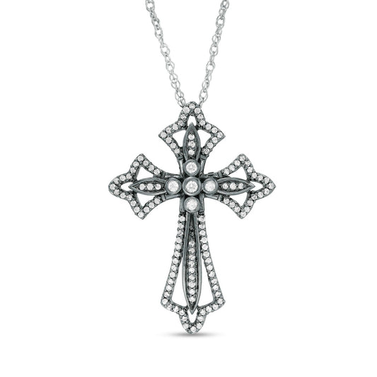 0.38 CT. T.W. Natural Diamond Gothic-Style Flared Cross Pendant in Sterling Silver and Black Rhodium