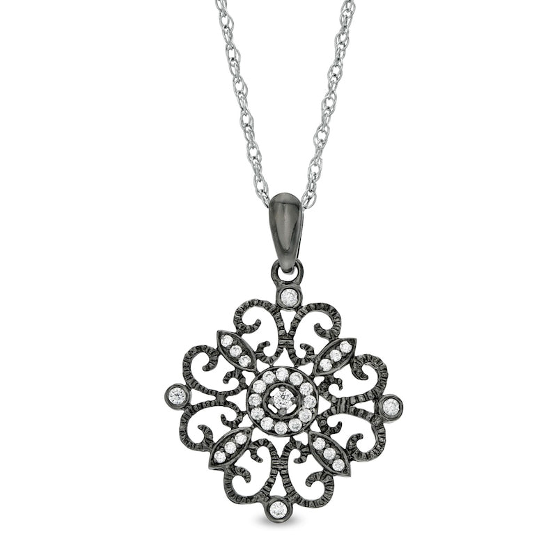 0.17 CT. T.W. Natural Diamond Filigree Flower Pendant in Sterling Silver and Black Rhodium