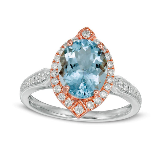 Oval Aquamarine and 0.33 CT. T.W. Natural Diamond Ornate Marquise Frame Double Row Art Deco Ring in Solid 14K Two-Tone Gold