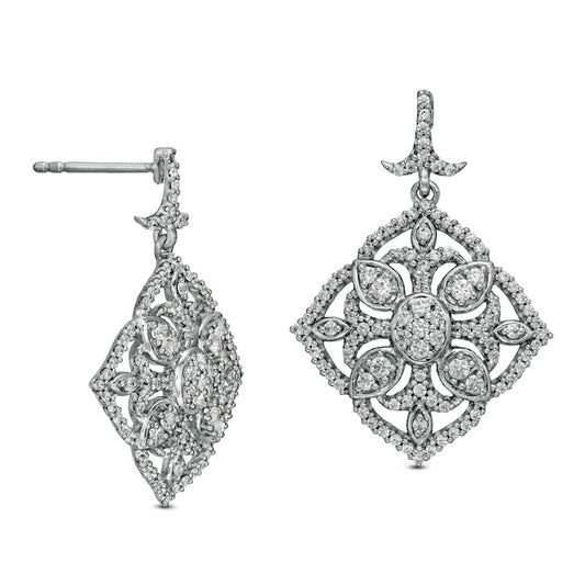 1 CT. T.W. Diamond Ornate Flower Vintage-Style Drop Earrings in 10K White Gold