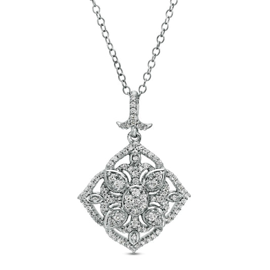 0.5 CT. T.W. Natural Diamond Ornate Flower Antique Vintage-Style Pendant in 10K White Gold