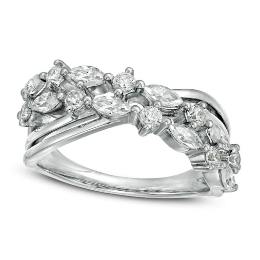 1.0 CT. T.W. Marquise and Round Natural Diamond Alternating Crossover Ring in Solid 10K White Gold