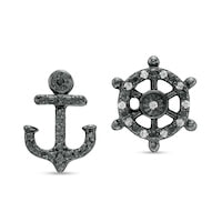 0.07 CT. T.W. Diamond Helm and Anchor Mismatch Stud Earrings in Sterling Silver with Black Rhodium