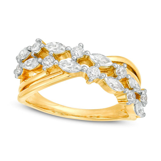 1.0 CT. T.W. Marquise and Round Natural Diamond Alternating Crossover Ring in Solid 10K Yellow Gold