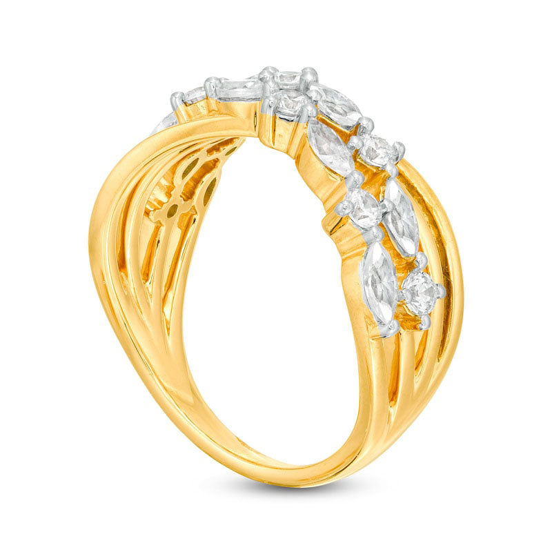 1.0 CT. T.W. Marquise and Round Natural Diamond Alternating Crossover Ring in Solid 10K Yellow Gold