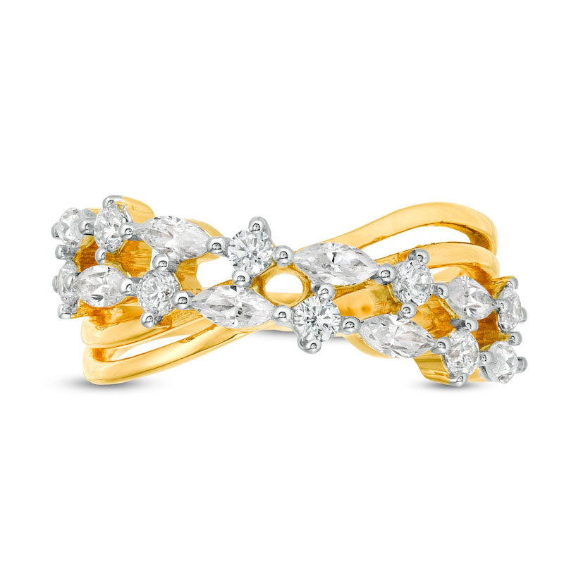 1.0 CT. T.W. Marquise and Round Natural Diamond Alternating Crossover Ring in Solid 10K Yellow Gold